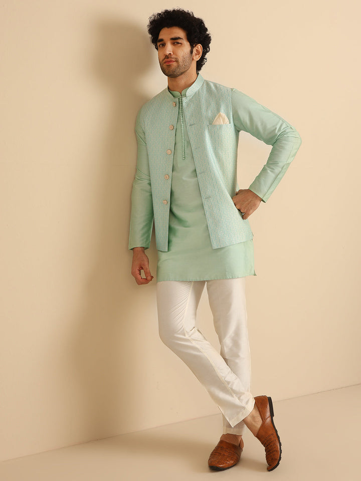 Men Green Woven Design Nehru Jacket | SHOBITAM