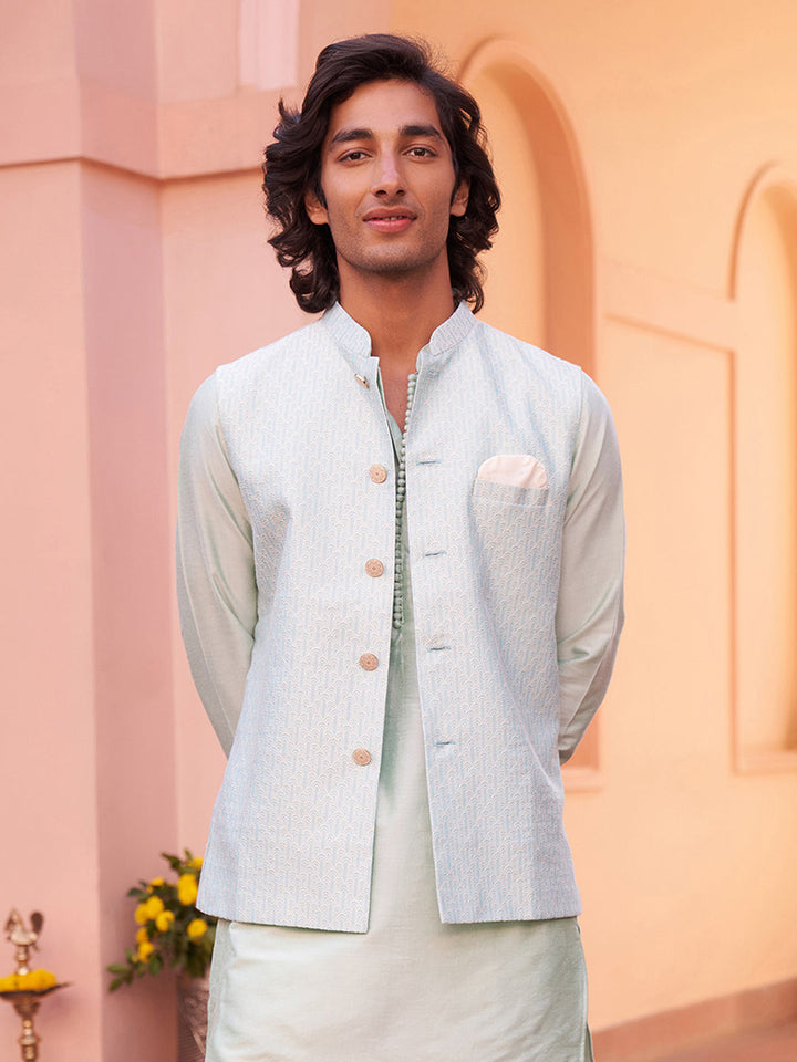 Men Green Woven Design Nehru Jacket | SHOBITAM