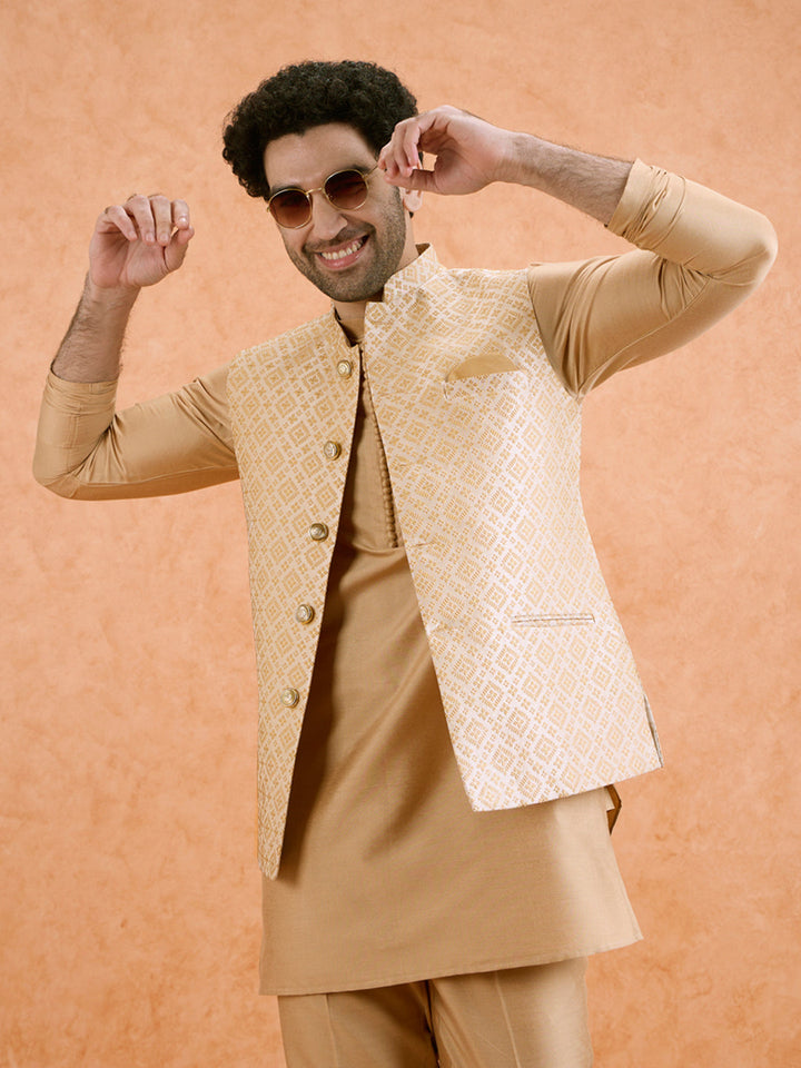 Beige Cotton Silk Textured Nehru Jacket | SHOBITAM