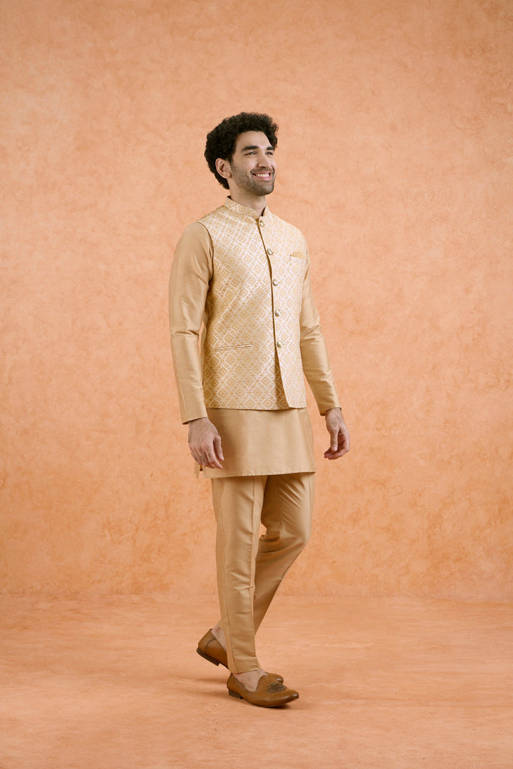 Beige Cotton Silk Textured Nehru Jacket | SHOBITAM