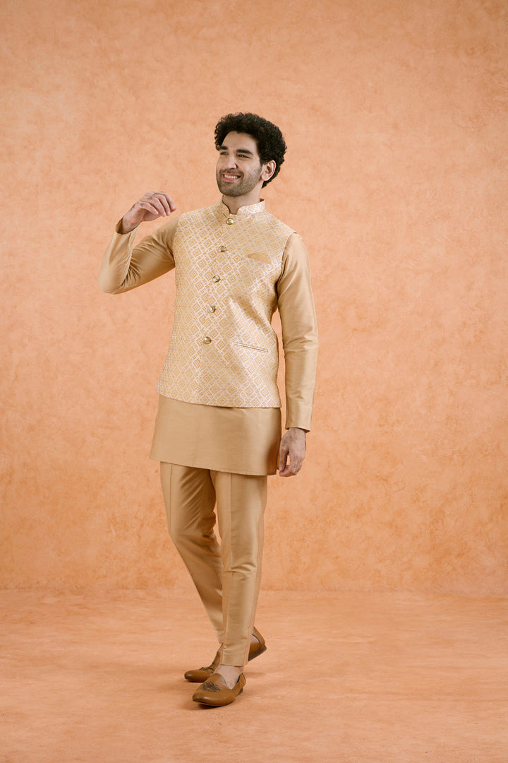 Beige Cotton Silk Textured Nehru Jacket | SHOBITAM