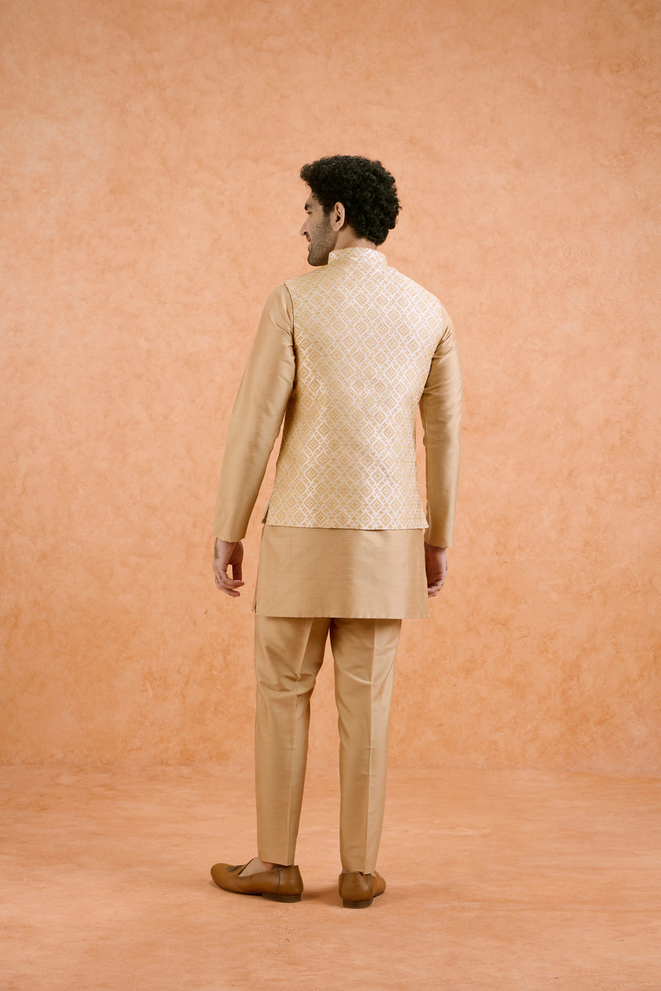 Beige Cotton Silk Textured Nehru Jacket | SHOBITAM