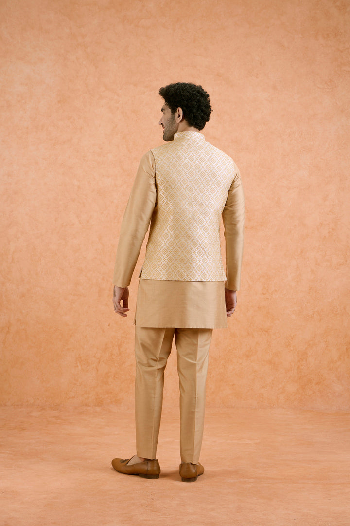 Beige Cotton Silk Textured Nehru Jacket | SHOBITAM
