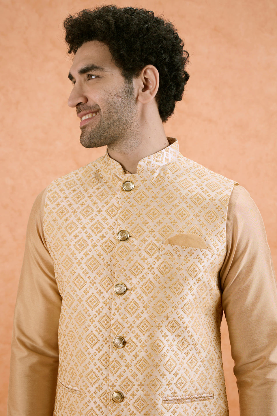Beige Cotton Silk Textured Nehru Jacket | SHOBITAM