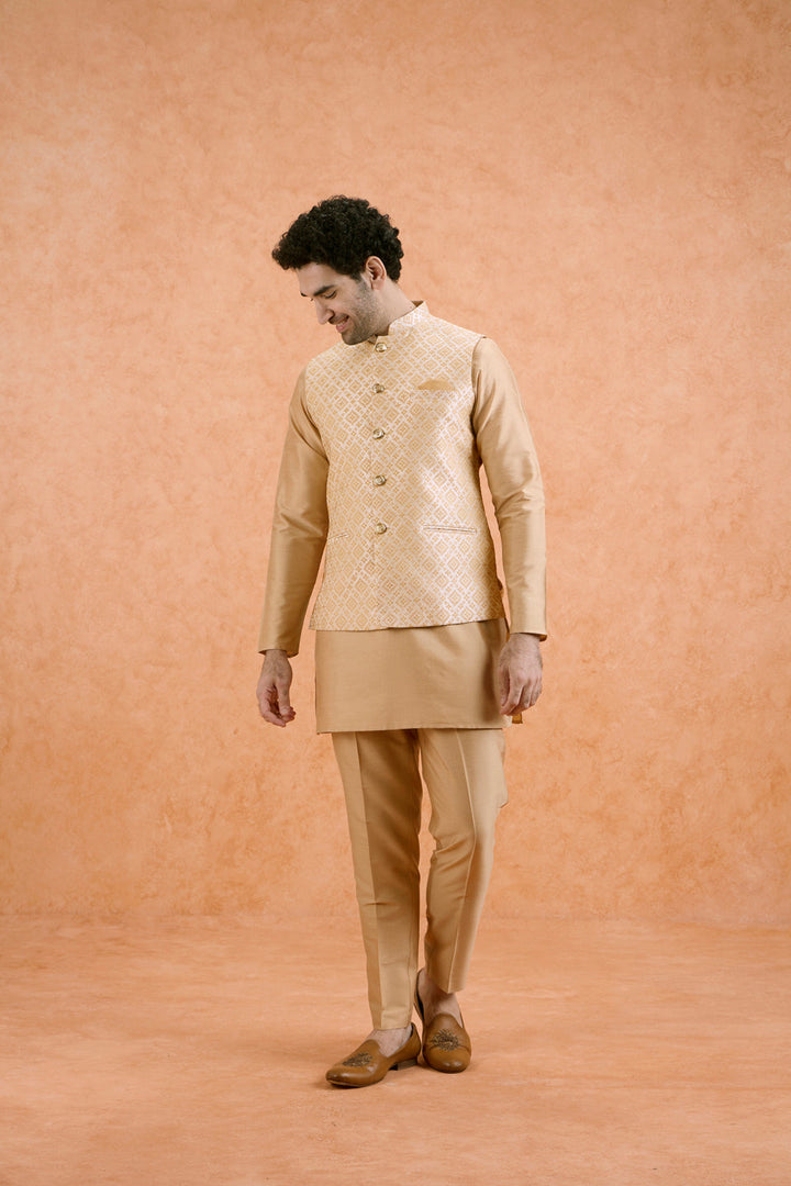 Beige Cotton Silk Textured Nehru Jacket | SHOBITAM