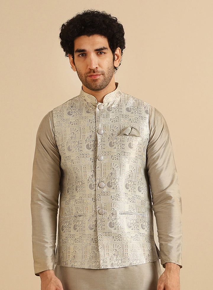 Men Grey Textured Nehru Jacket | SHOBITAM