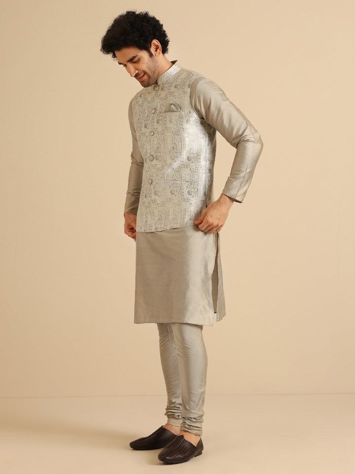 Men Grey Textured Nehru Jacket | SHOBITAM