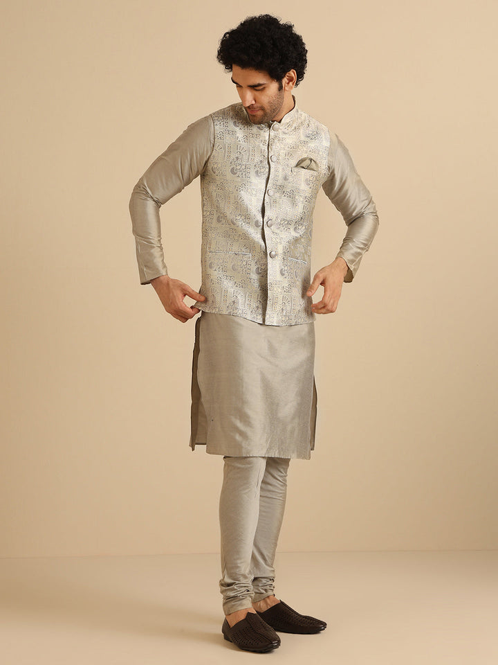 Men Grey Textured Nehru Jacket | SHOBITAM