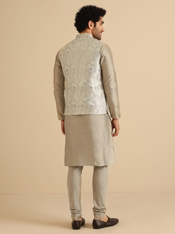 Men Grey Textured Nehru Jacket | SHOBITAM