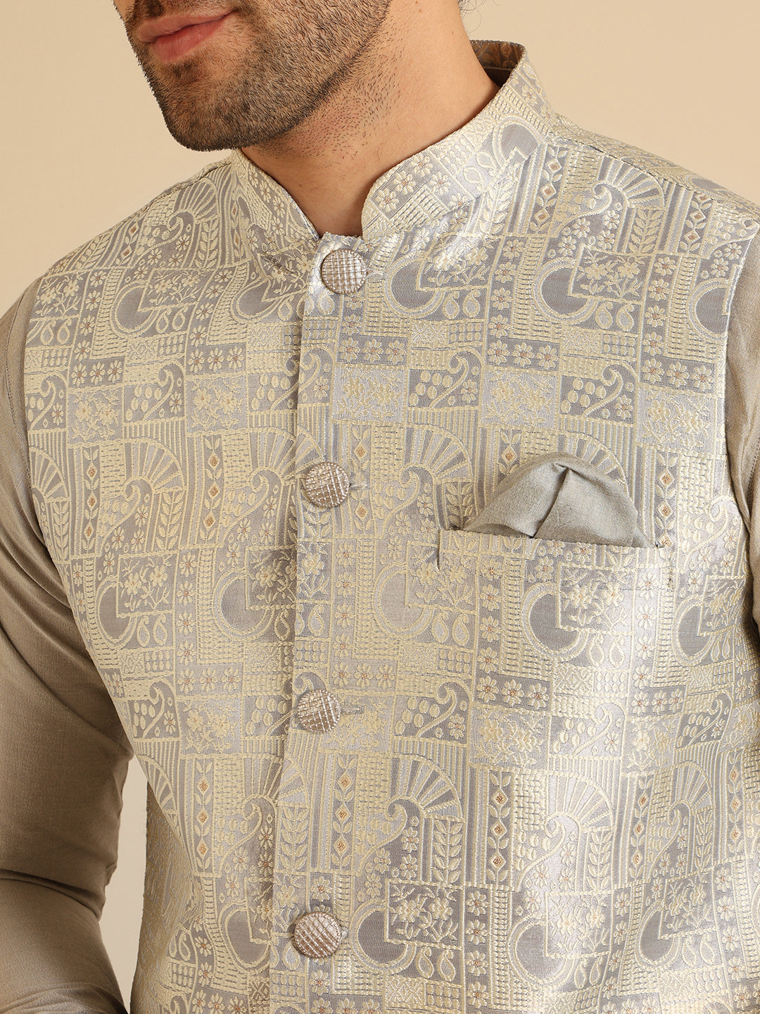 Men Grey Textured Nehru Jacket | SHOBITAM