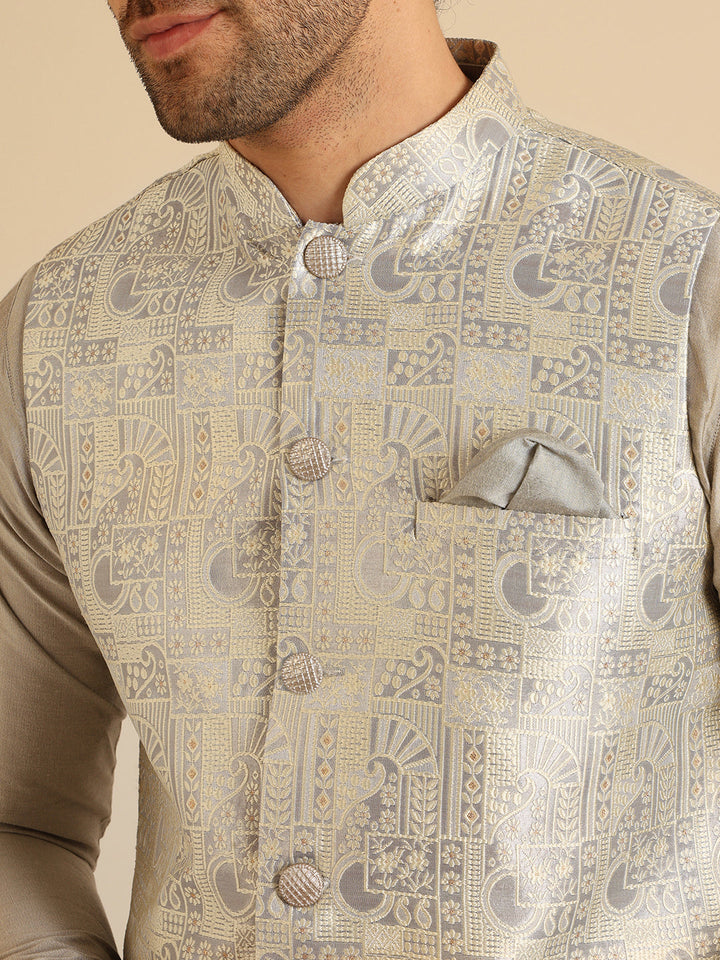 Men Grey Textured Nehru Jacket | SHOBITAM