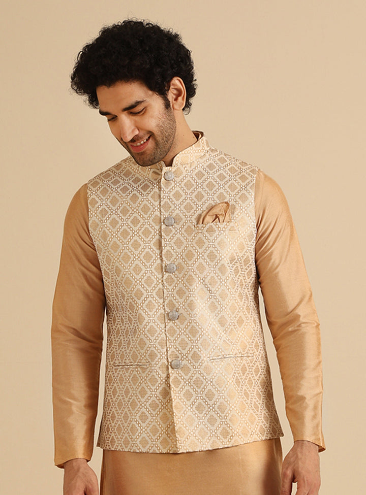 Beige Cotton Silk Textured Nehru Jacket | SHOBITAM