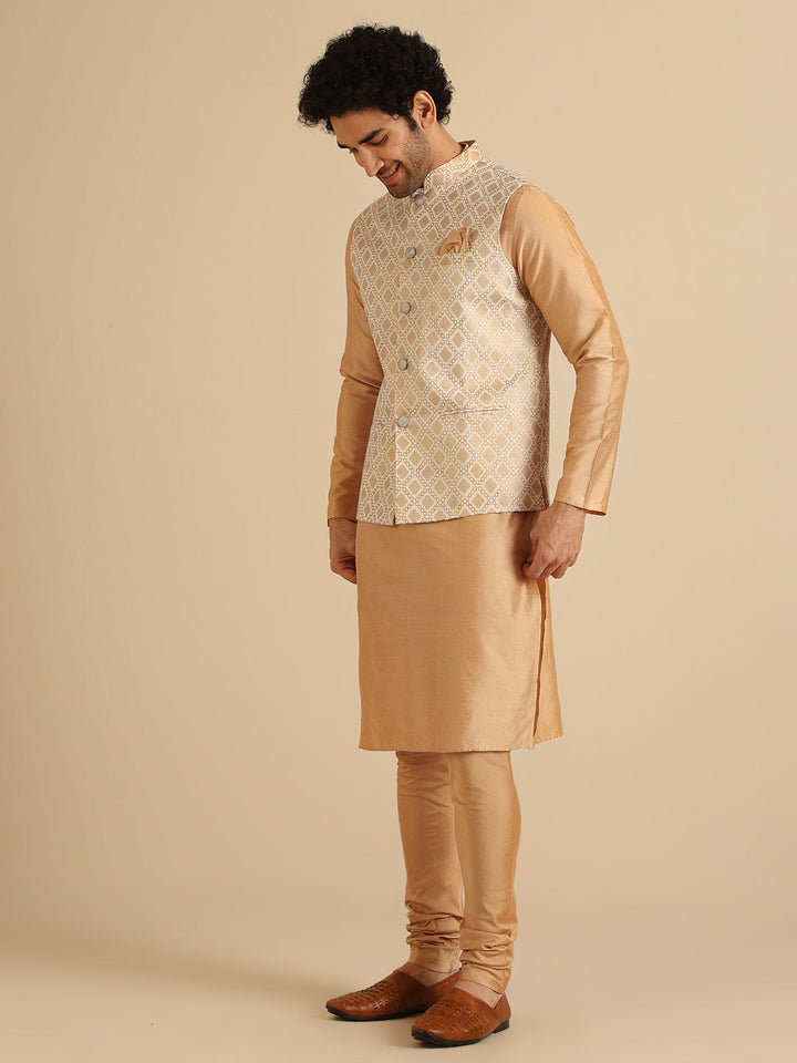 Beige Cotton Silk Textured Nehru Jacket | SHOBITAM