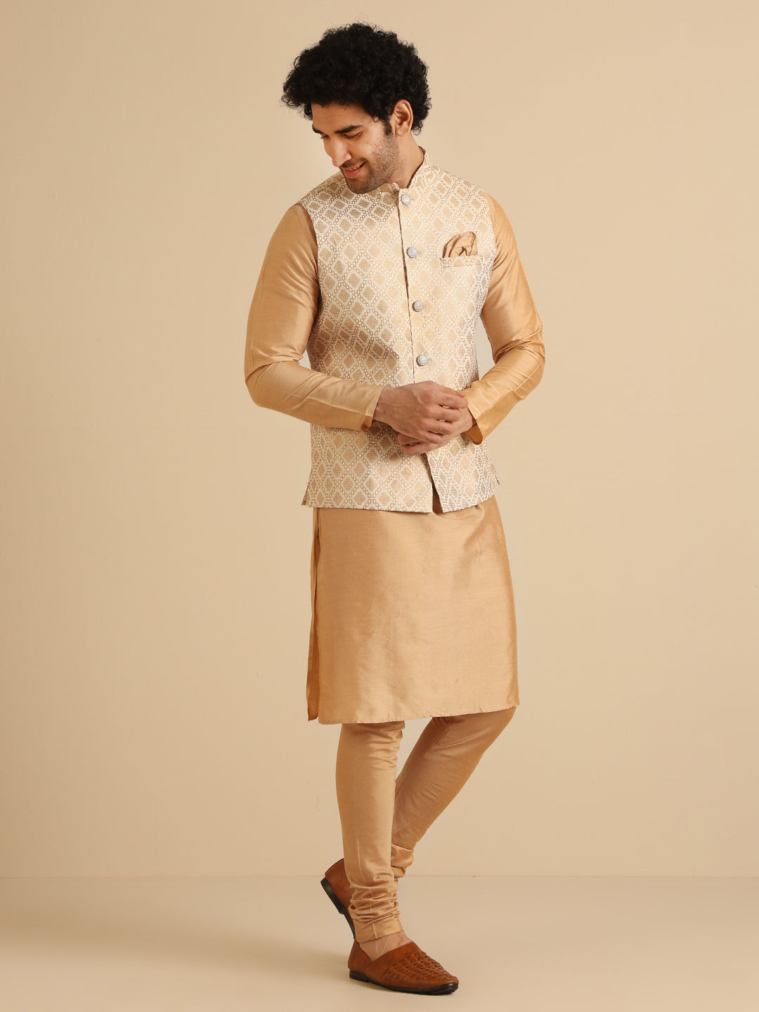 Beige Cotton Silk Textured Nehru Jacket | SHOBITAM