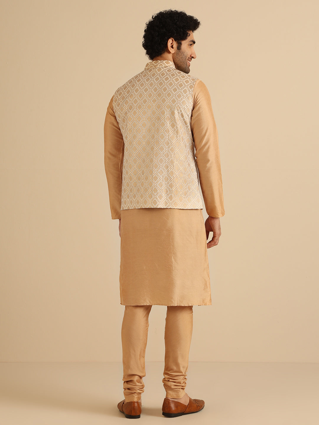 Beige Cotton Silk Textured Nehru Jacket | SHOBITAM