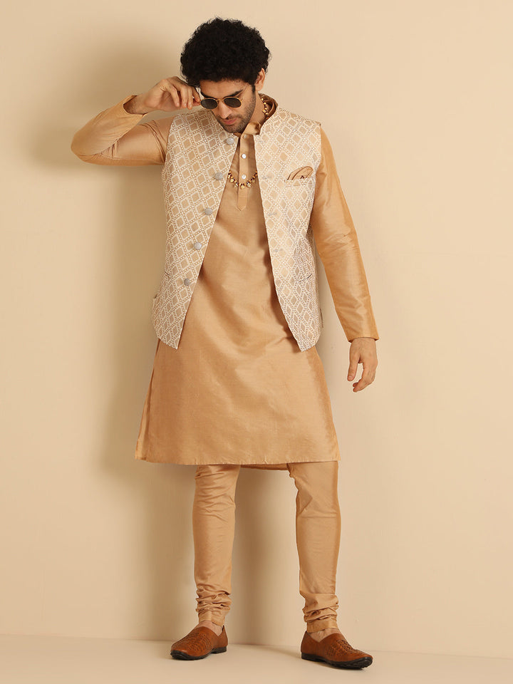 Beige Cotton Silk Textured Nehru Jacket | SHOBITAM