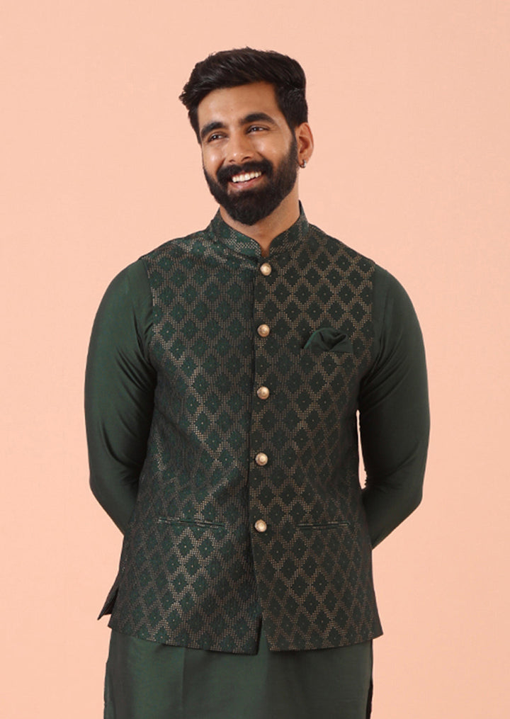 Green Silk Blend Jacquard Nehru Jacket | SHOBITAM