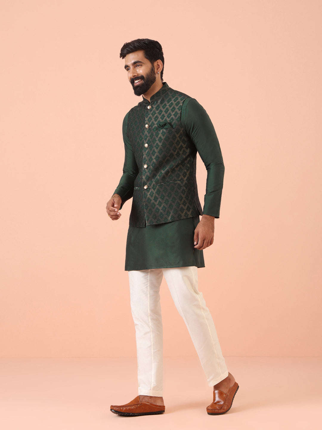 Green Silk Blend Jacquard Nehru Jacket | SHOBITAM
