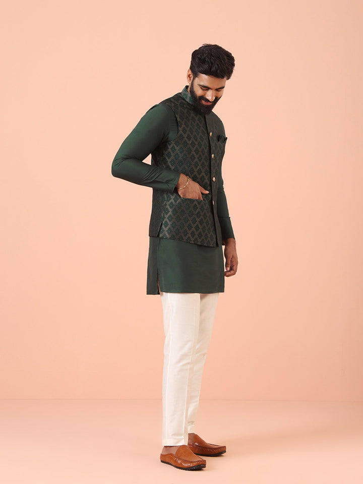 Green Silk Blend Jacquard Nehru Jacket | SHOBITAM