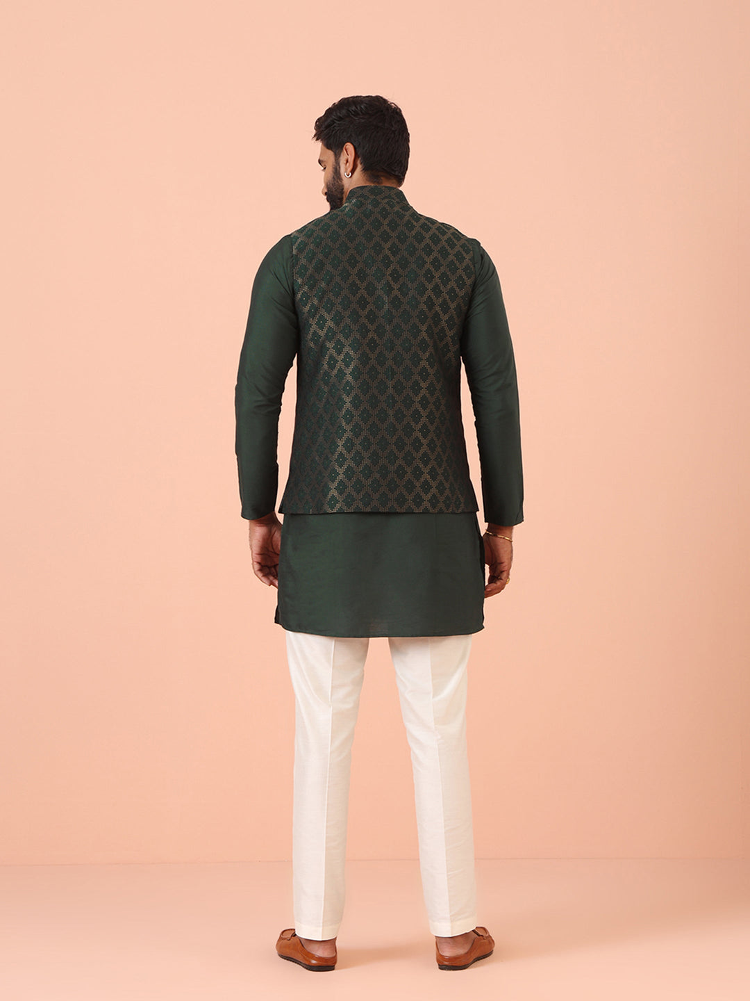 Green Silk Blend Jacquard Nehru Jacket | SHOBITAM