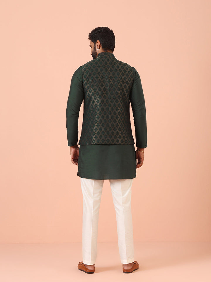 Green Silk Blend Jacquard Nehru Jacket | SHOBITAM