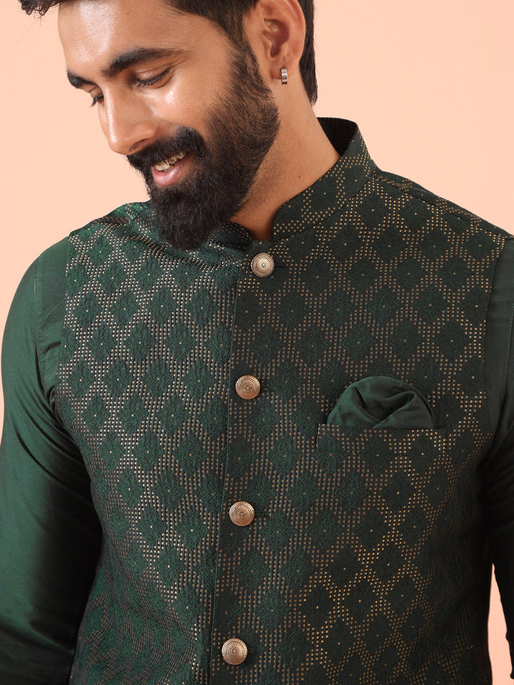 Green Silk Blend Jacquard Nehru Jacket | SHOBITAM