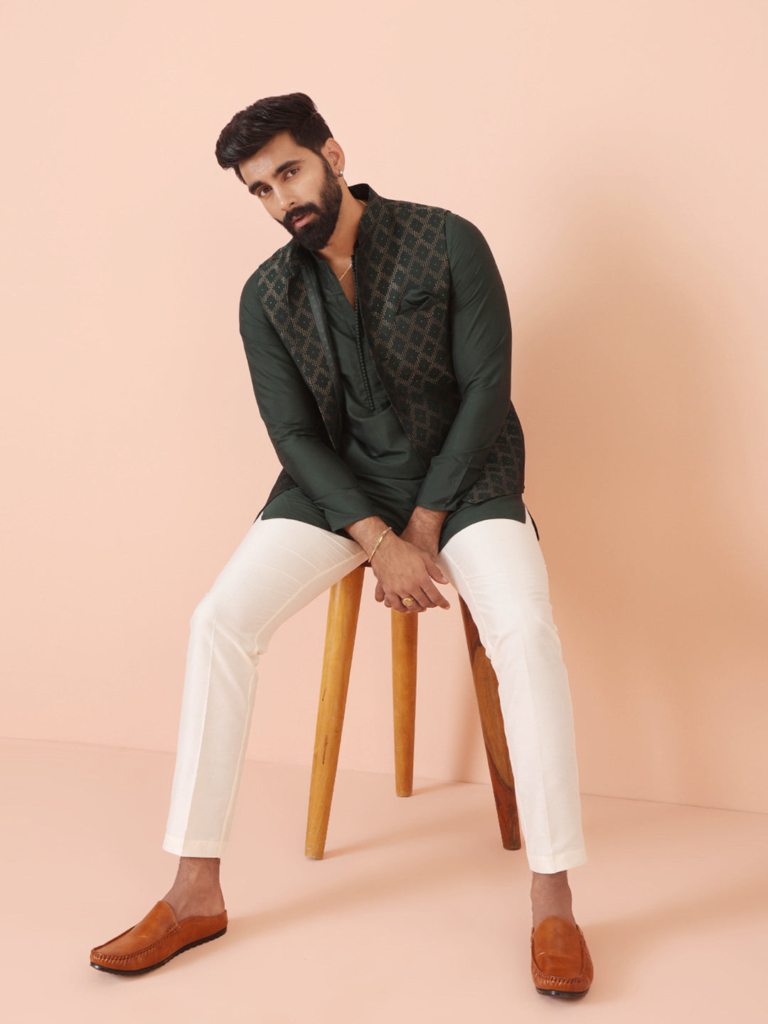 Green Silk Blend Jacquard Nehru Jacket | SHOBITAM