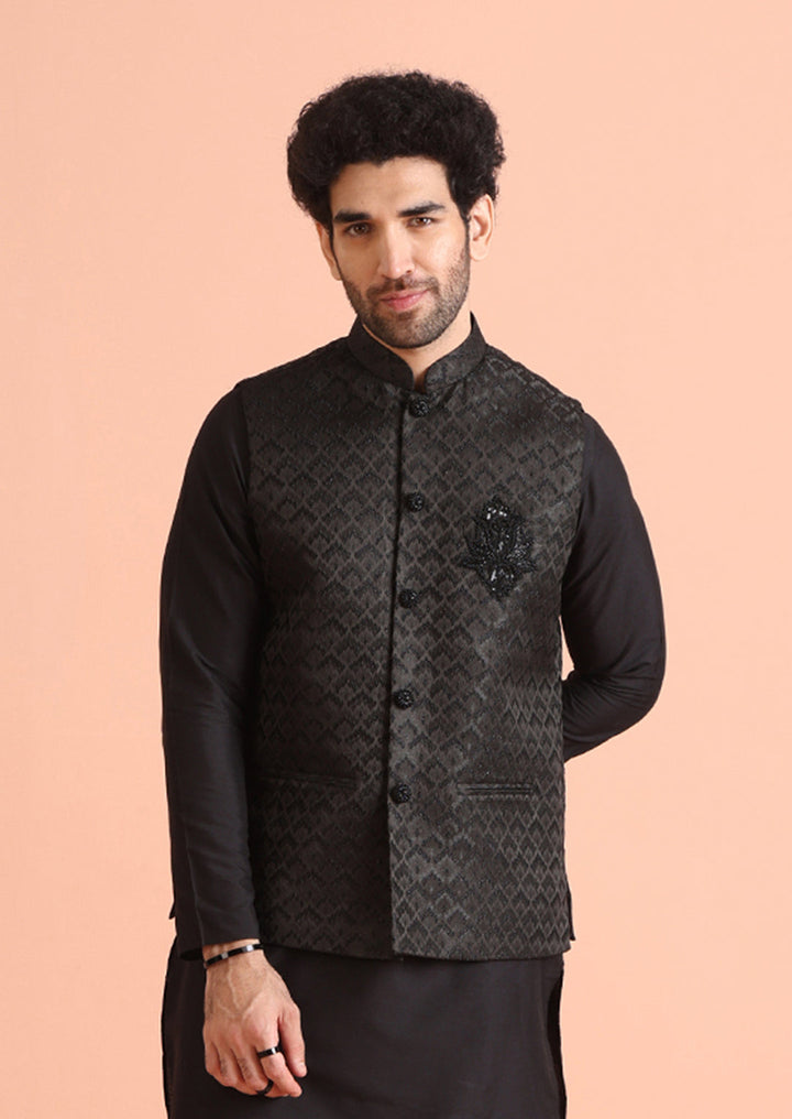 Black Jacquard Nehru Jacket with Brooch | SHOBITAM