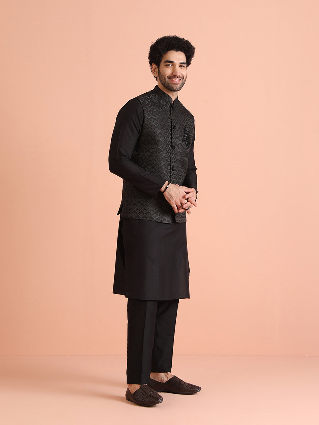 Black Jacquard Nehru Jacket with Brooch | SHOBITAM