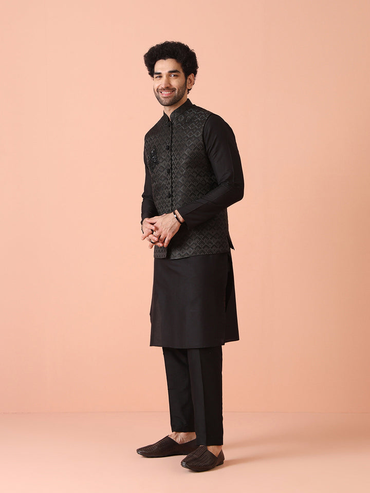 Black Jacquard Nehru Jacket with Brooch | SHOBITAM