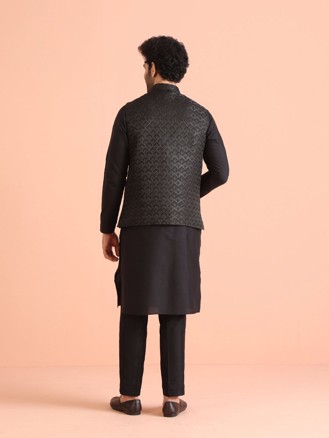Black Jacquard Nehru Jacket with Brooch | SHOBITAM