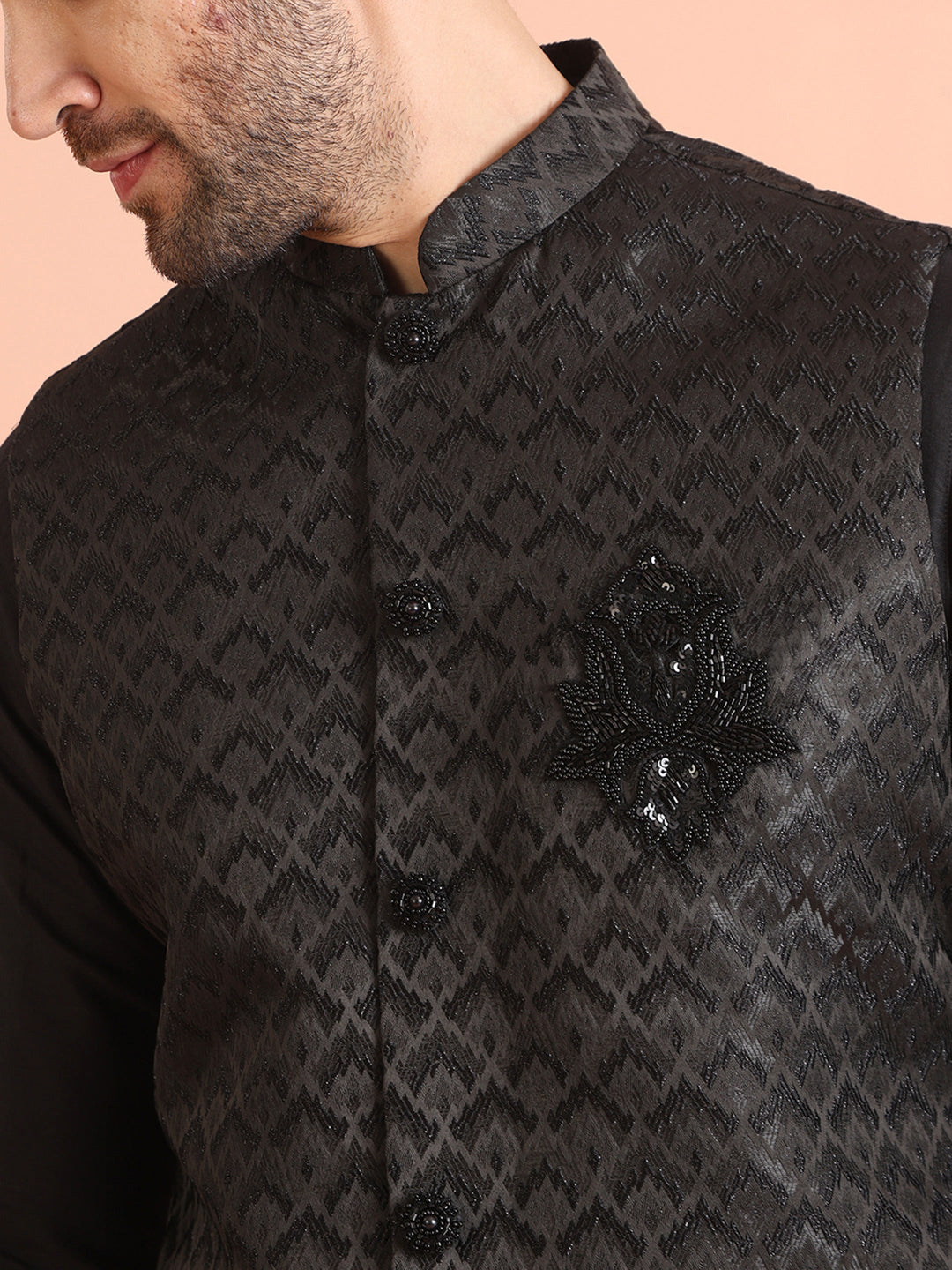 Black Jacquard Nehru Jacket with Brooch | SHOBITAM