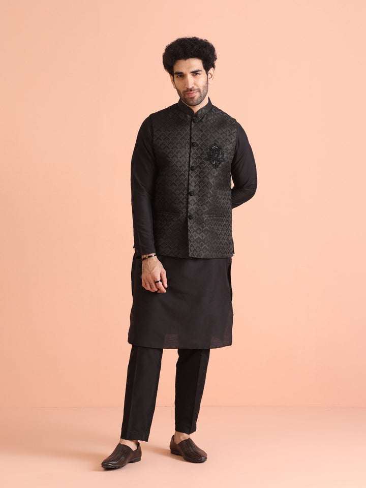 Black Jacquard Nehru Jacket with Brooch | SHOBITAM