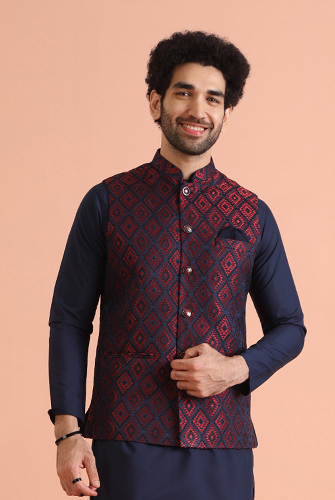Navy Red Cotton Silk Textured Nehru Jacket | SHOBITAM