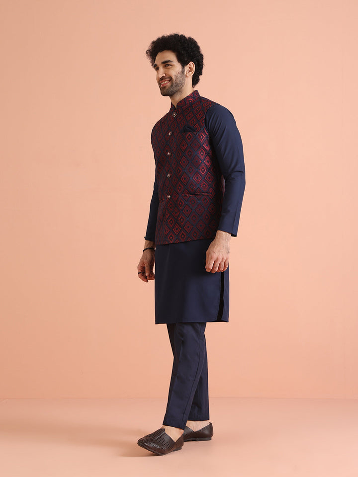 Navy Red Cotton Silk Textured Nehru Jacket | SHOBITAM
