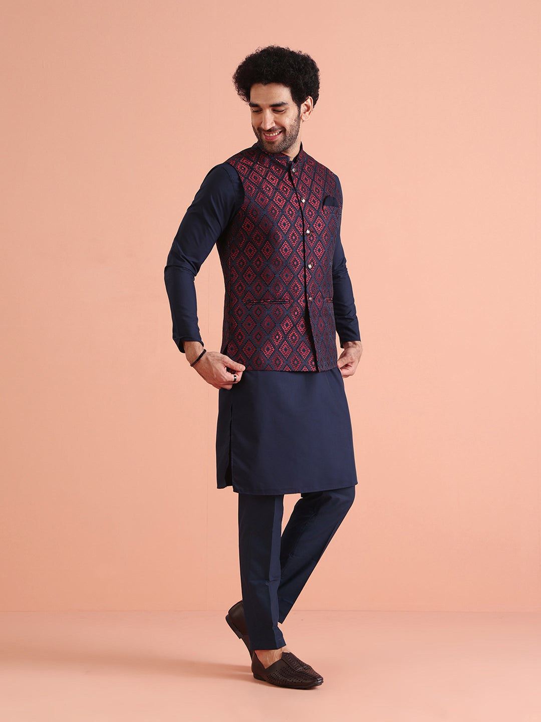Navy Red Cotton Silk Textured Nehru Jacket | SHOBITAM
