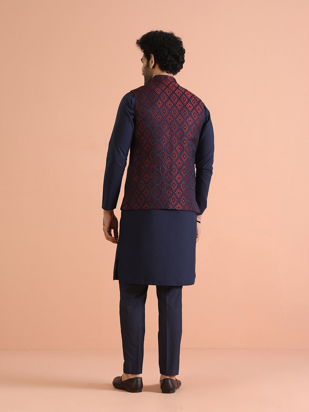 Navy Red Cotton Silk Textured Nehru Jacket | SHOBITAM