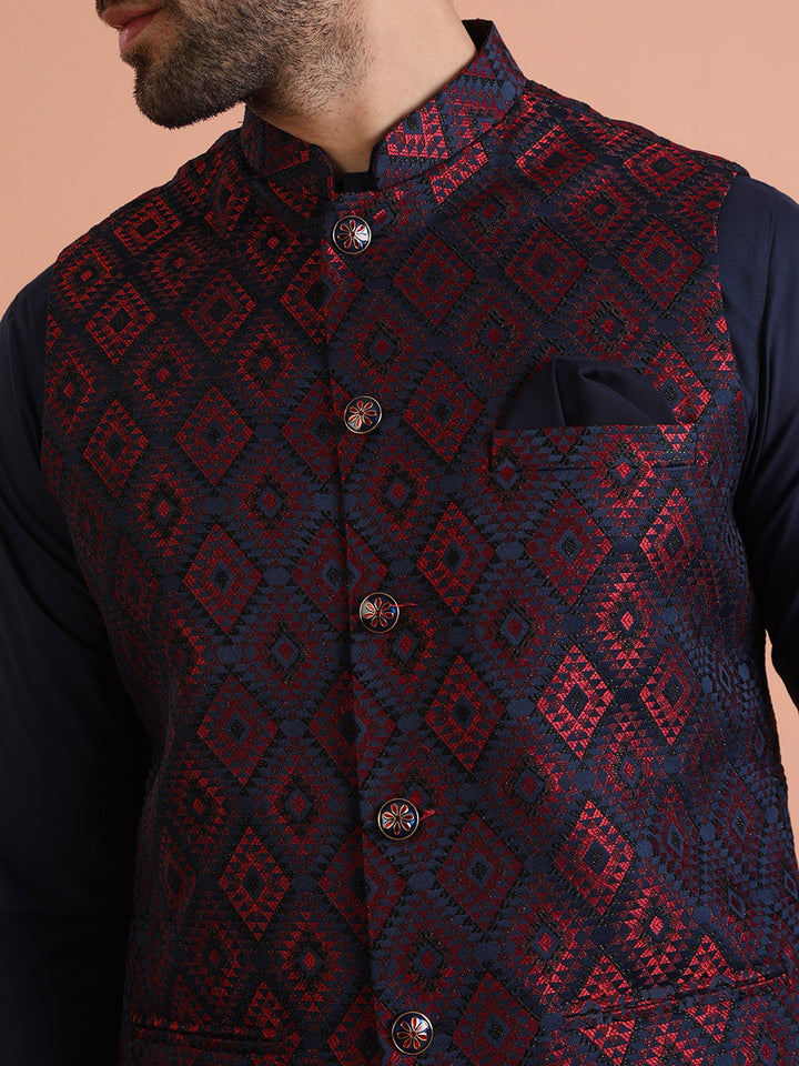 Navy Red Cotton Silk Textured Nehru Jacket | SHOBITAM