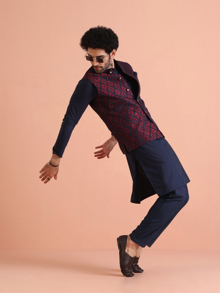 Navy Red Cotton Silk Textured Nehru Jacket | SHOBITAM