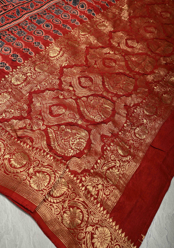 Red Ajrakh Hand Block Print on Dola Silk Saree with Fancy Zari Border