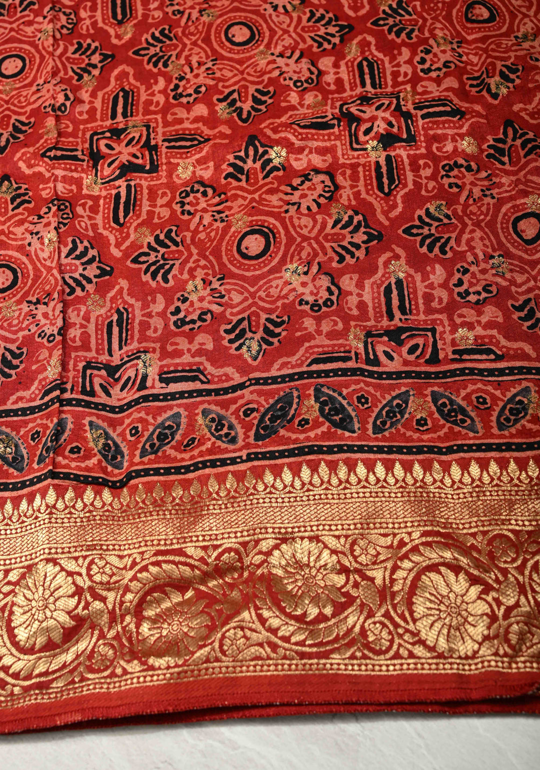 Red Ajrakh Hand Block Print on Dola Silk Saree with Fancy Zari Border