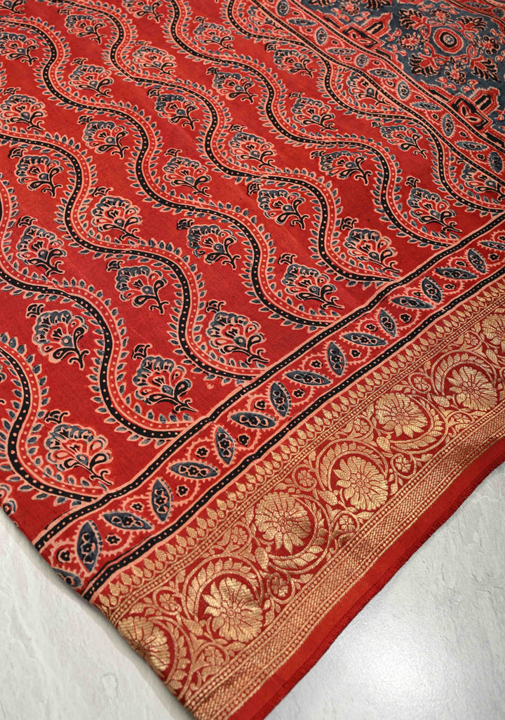 Red Ajrakh Hand Block Print on Dola Silk Saree with Fancy Zari Border
