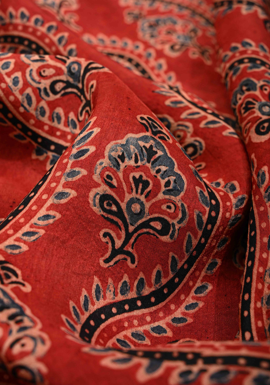 Red Ajrakh Hand Block Print on Dola Silk Saree with Fancy Zari Border