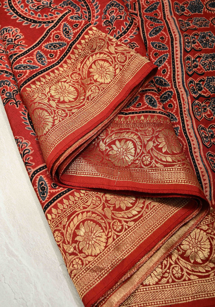 Red Ajrakh Hand Block Print on Dola Silk Saree with Fancy Zari Border