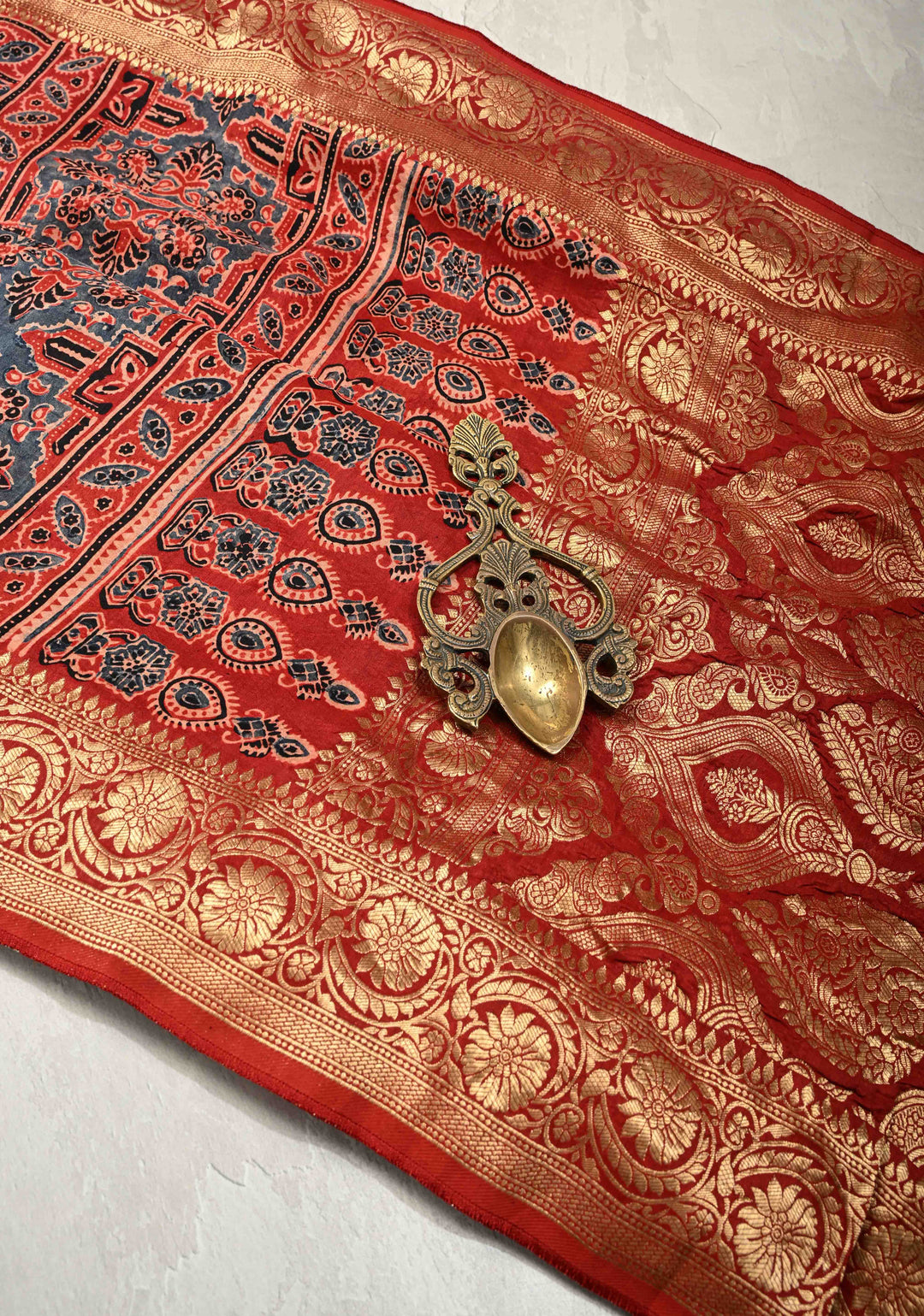 Red Ajrakh Hand Block Print on Dola Silk Saree with Fancy Zari Border