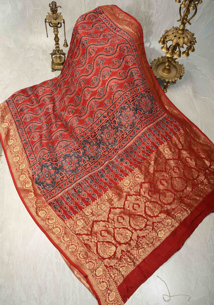 Red Ajrakh Hand Block Print on Dola Silk Saree with Fancy Zari Border