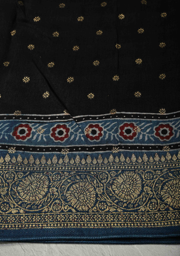 Blue Ajrakh Hand Block Print on Dola Silk Saree with Fancy Zari Border