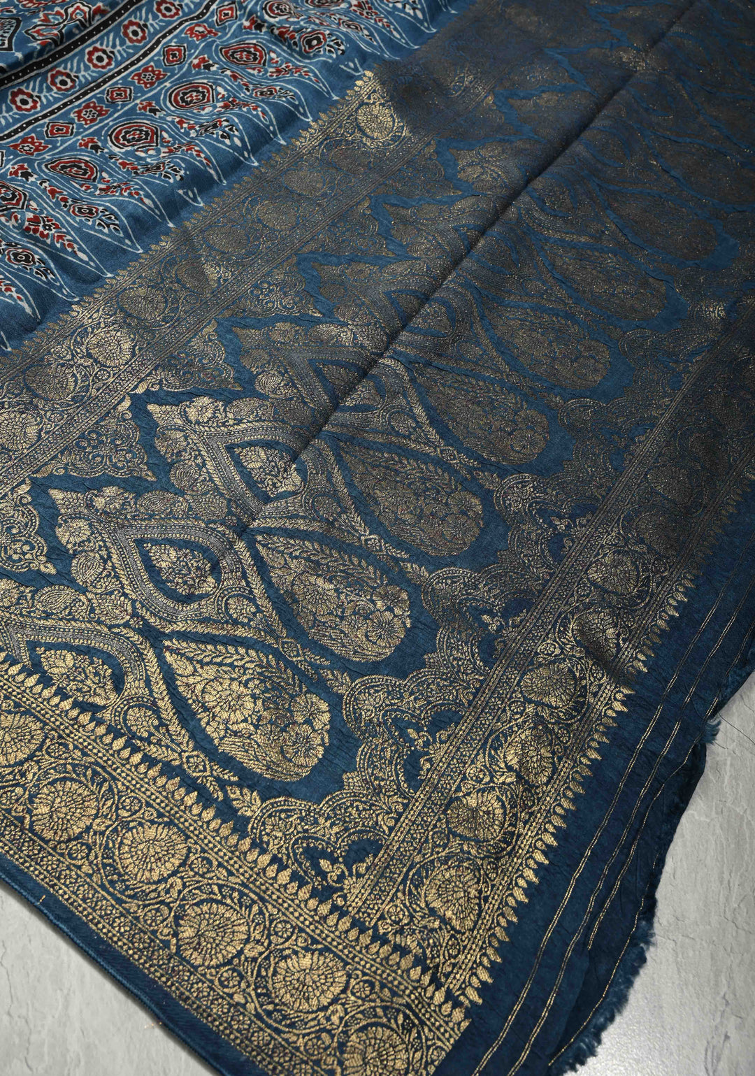 Blue Ajrakh Hand Block Print on Dola Silk Saree with Fancy Zari Border