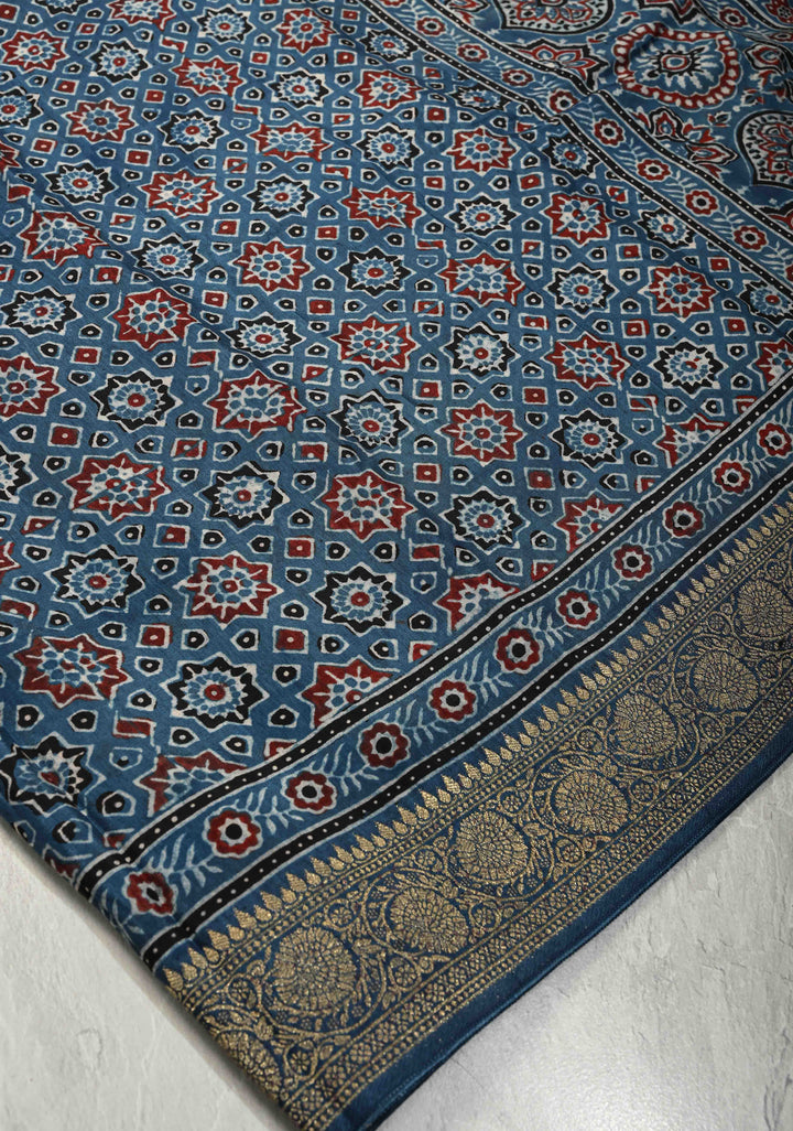 Blue Ajrakh Hand Block Print on Dola Silk Saree with Fancy Zari Border