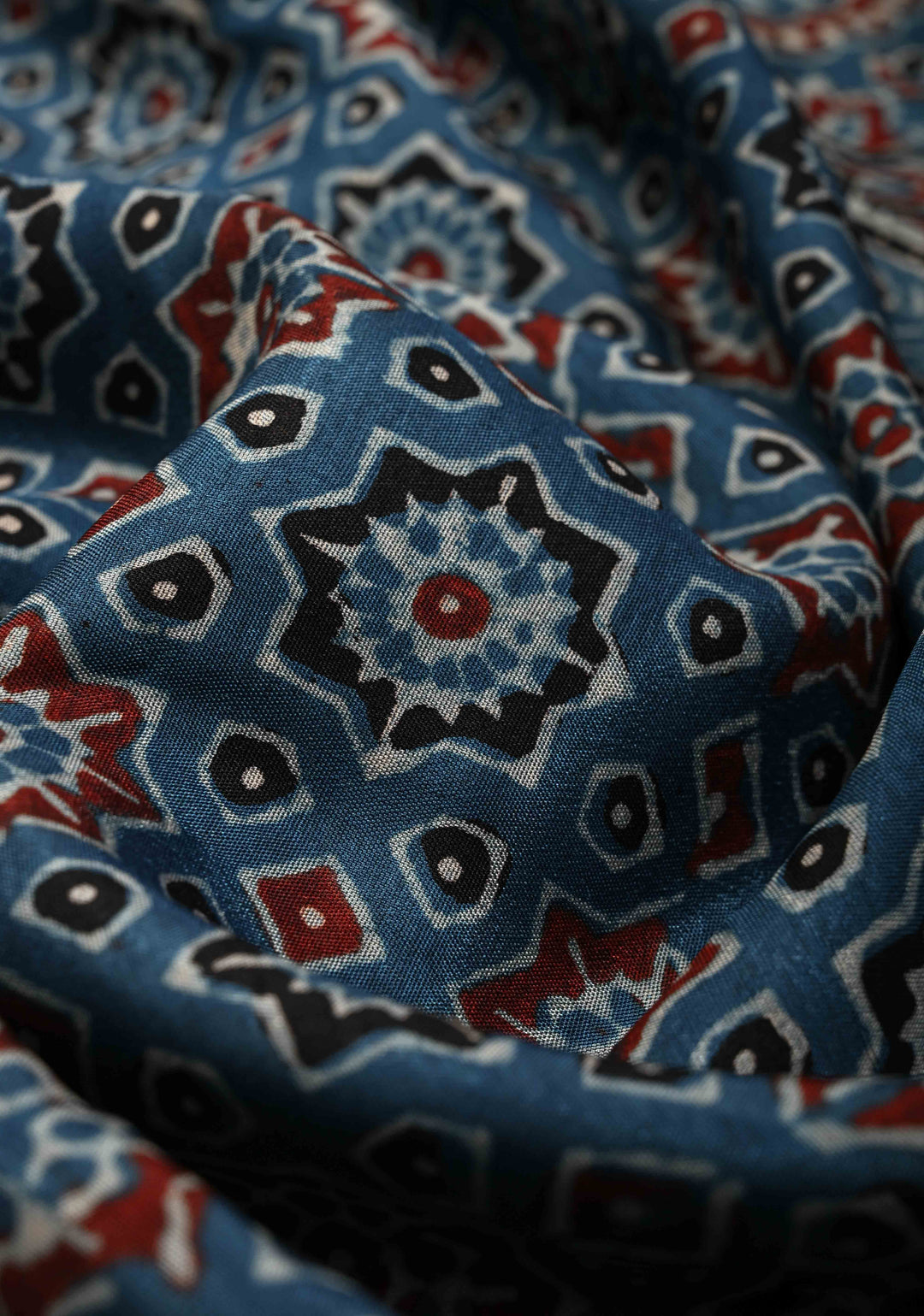 Blue Ajrakh Hand Block Print on Dola Silk Saree with Fancy Zari Border